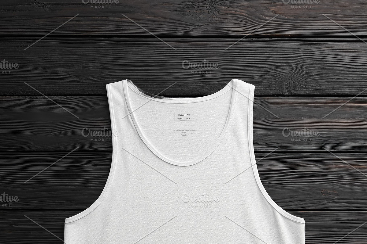 A plain white tank top mockup laid flat on a dark wooden surface, showcasing it, a Shirt Mockup by Textures & Backgrounds
