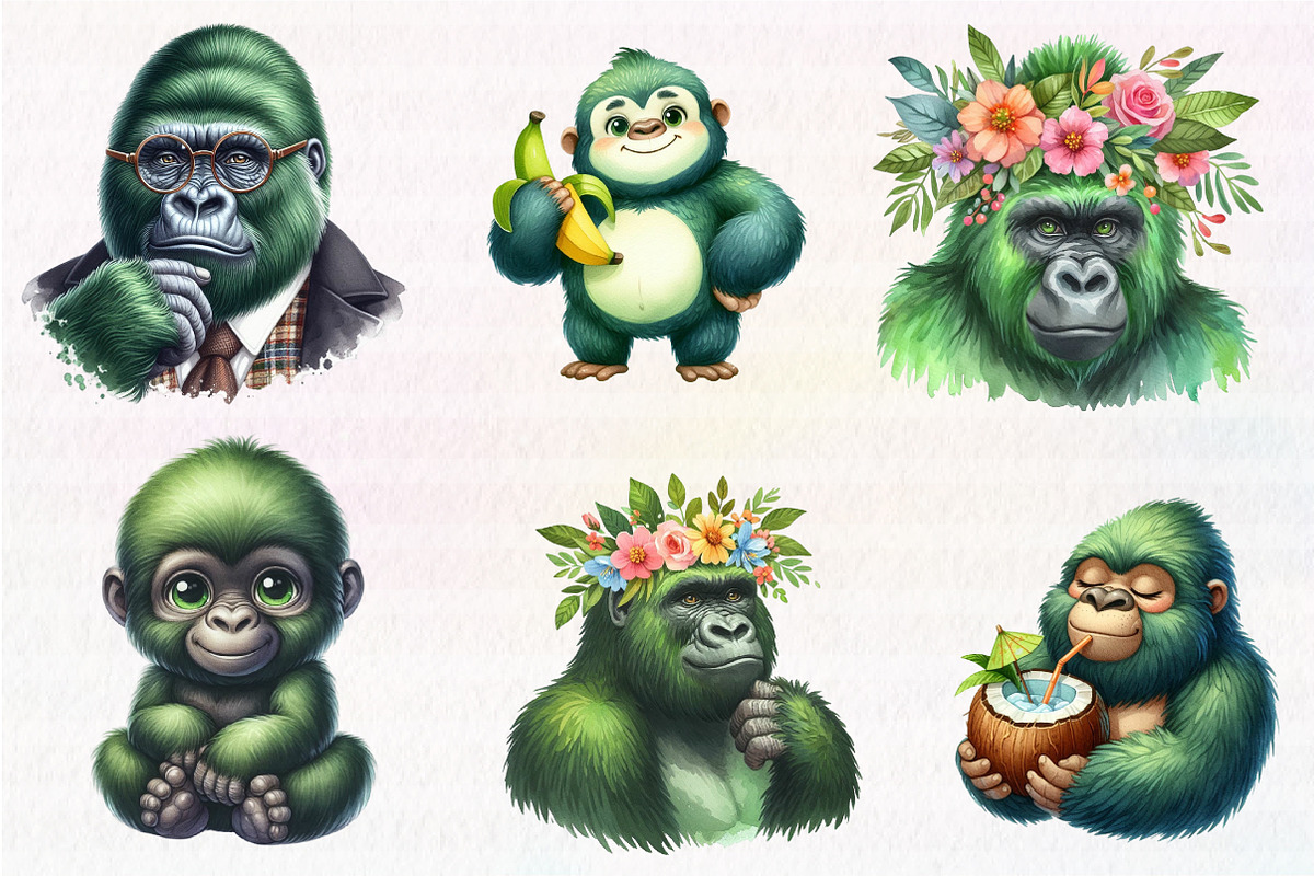 Watercolor Green Gorilla Collection, an Illustration by CreationArt (Photo 3 of 5)