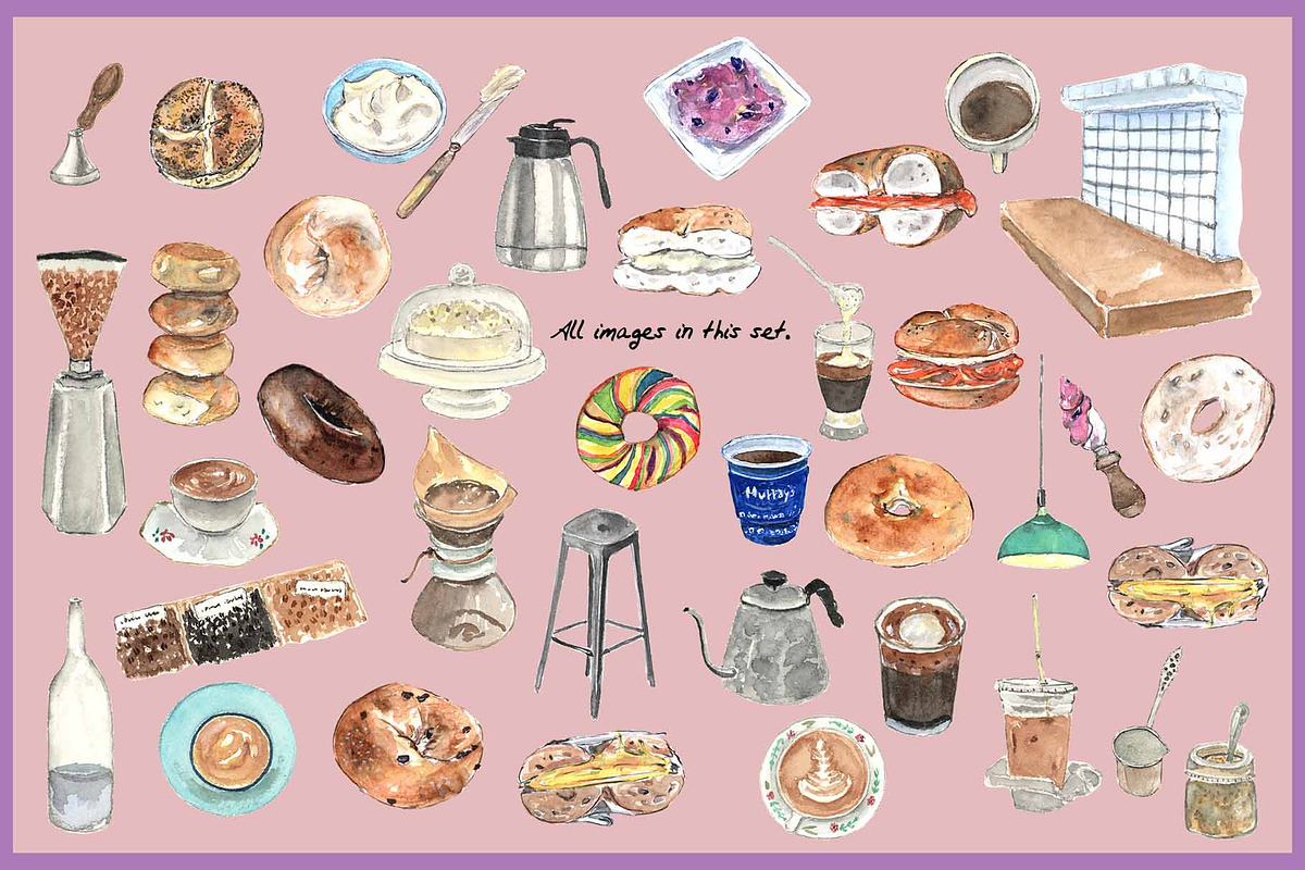 Bagels & Coffee-Watercolor Clipart, a Food Illustration by VianneArt (Photo 2 of 6)