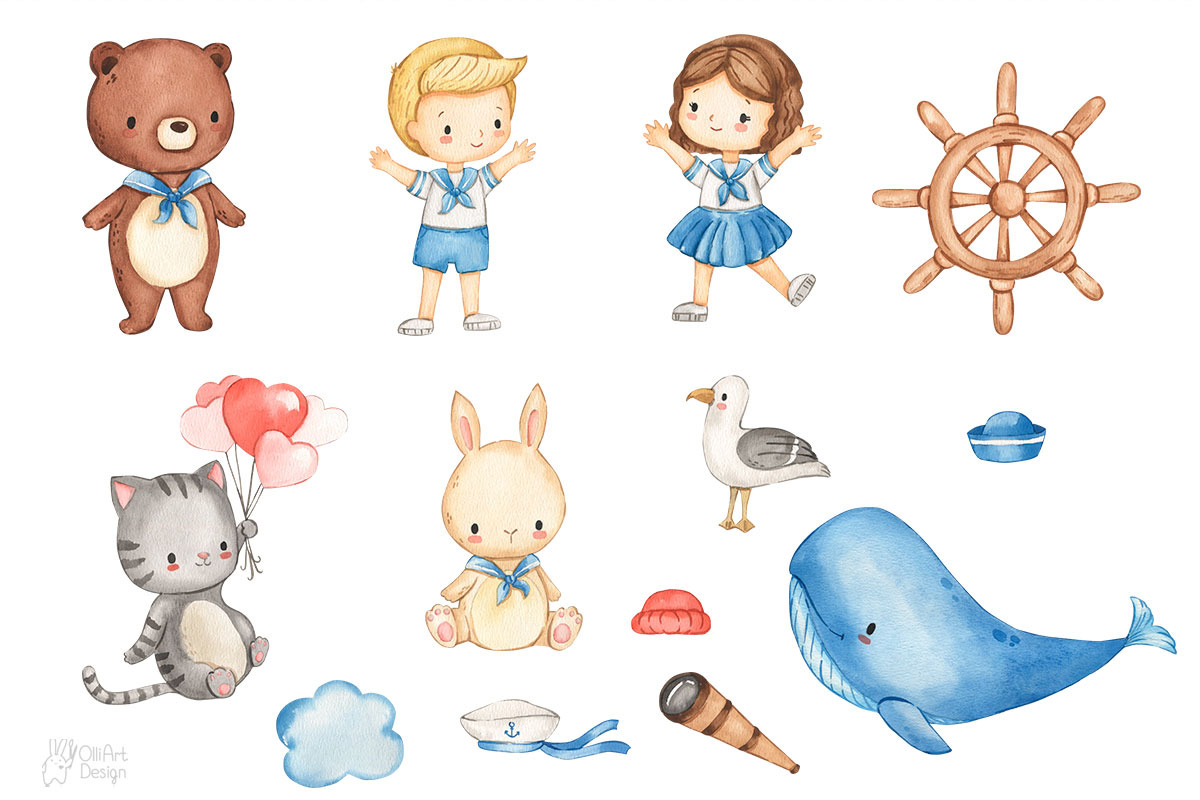 NAUTICAL FRIENDS. Watercolor, an Animal Illustration by OlliArtDesign (Photo 2 of 7)