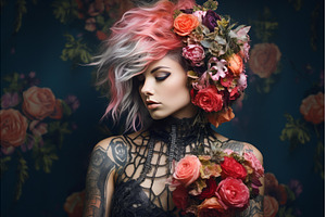 Vibrant Punk woman flowers. Generate, a Person Photo by Ylivdesign