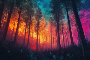 A vibrant forest scene at dusk, featuring tall trees with colorful leaves in sh, a Photo by Textures & Backgrounds