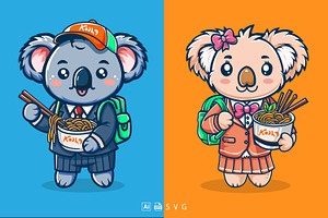 Cute koala student eating ramen, an Animal Illustration by Stock Shape