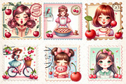 Cherry Girl Postage Stamps, an Illustration by DreamCafeArt (Thumbnail 2 of 8)