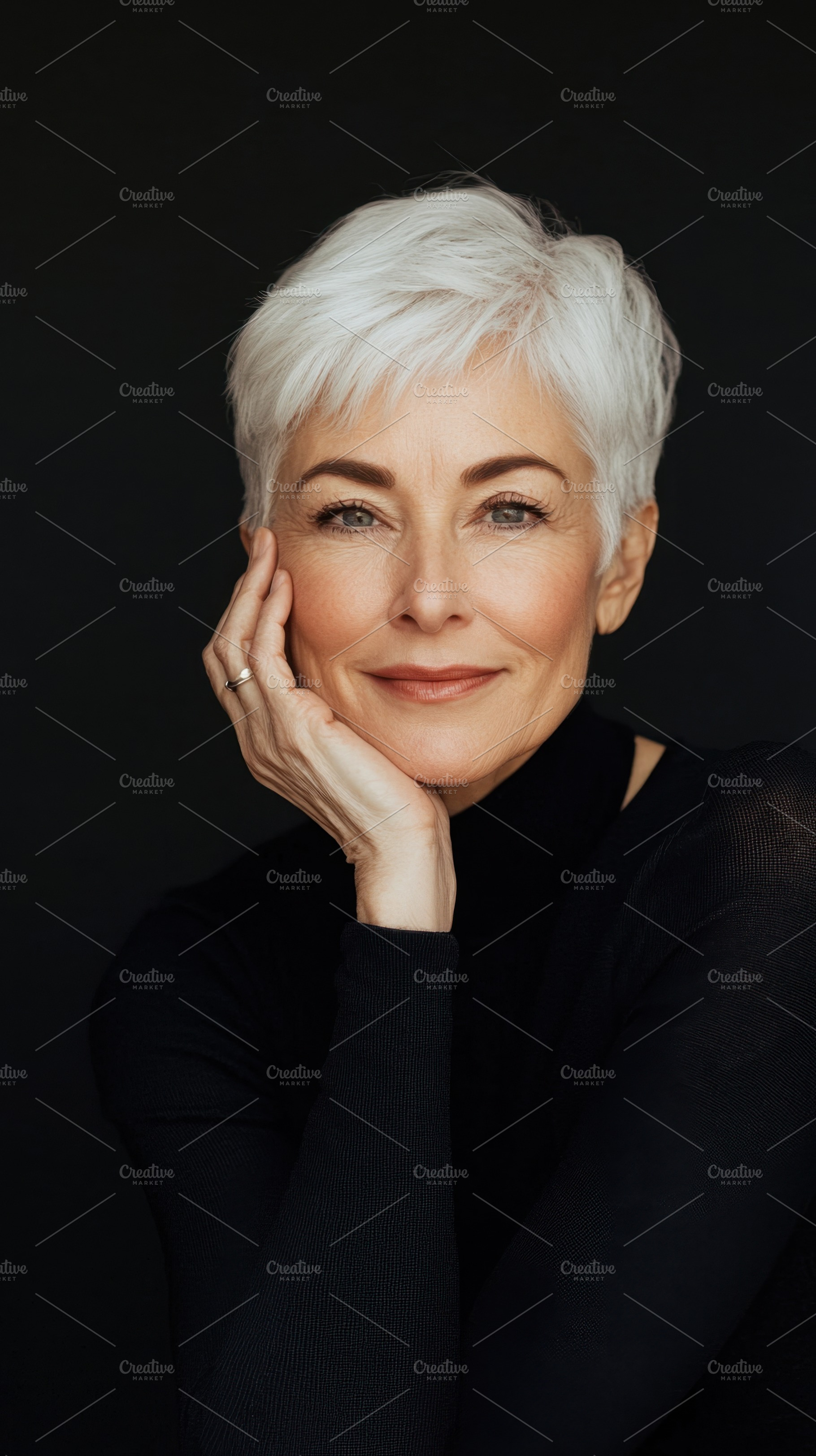 Elegant woman with short white hair, a Photo by Beautiful things