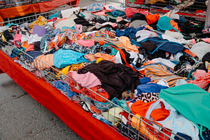 colorful clothes and textiles spread in bins at a stall, a Photo by Nito