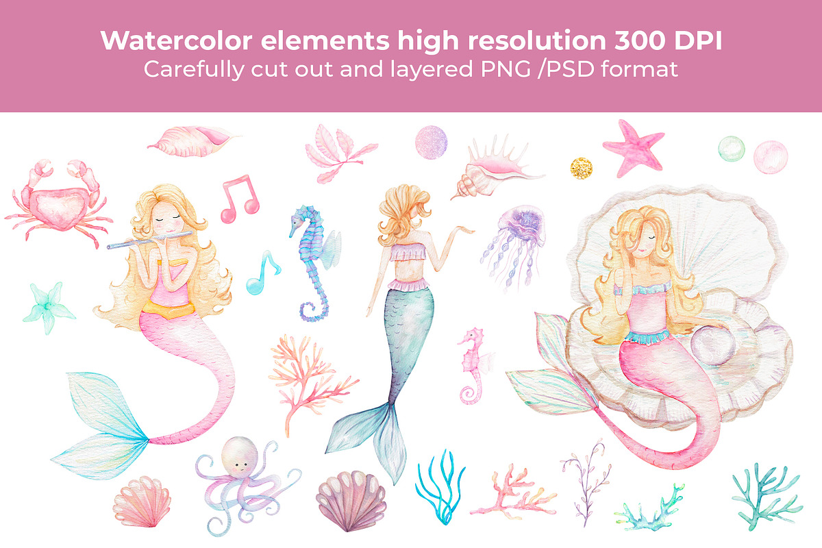 Mermaid watercolor pattern set, an Animal Illustration by WatercolorElena (Photo 4 of 11)
