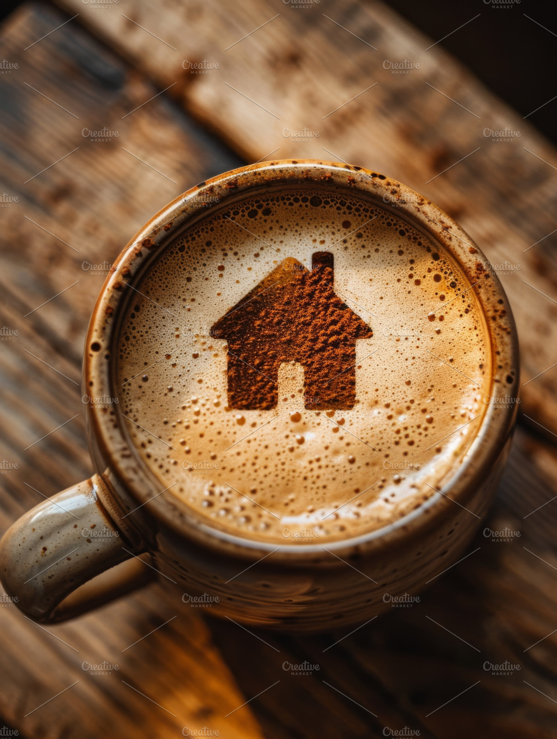 Coffee foam in the shape of a home, a Food & Drink Photo by Handmadefont