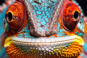 Colorful chameleon closeup with red eyes and blue scales, an Animal Photo by GoodGoods
