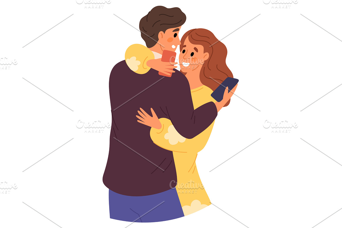 Couple hugs each other but looks at, a Technology Illustration by Vectorbuum