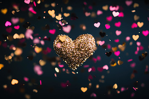 Golden heart surrounded by colorful, a Photo by Tanuart