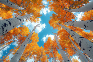 Golden Aspen Trees Autumn Sky View,, an Abstract Photo by Pixeness Studio