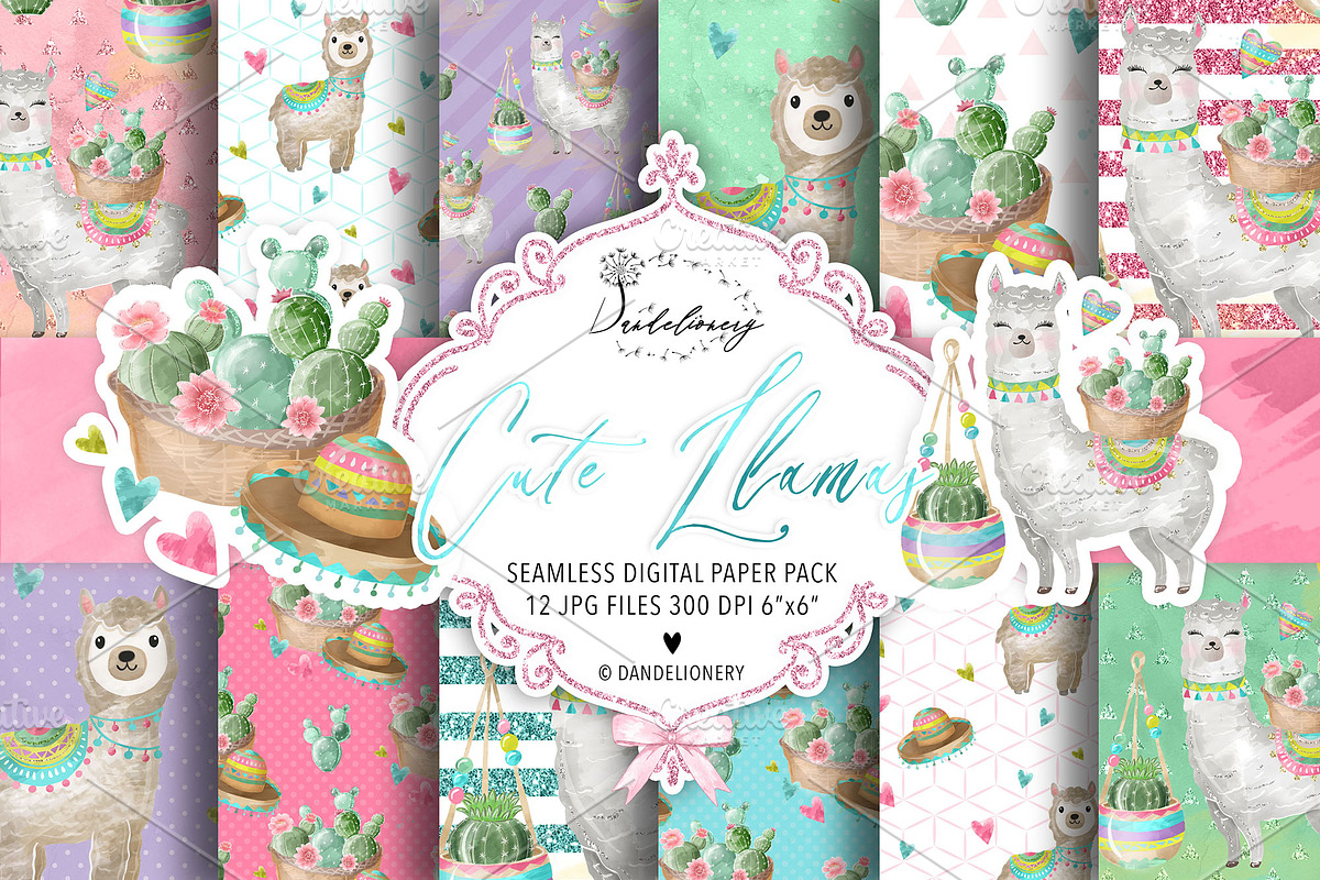 Cute Llamas digital paper pack, a Pattern Graphic by designloverstudio (Photo 1 of 7)