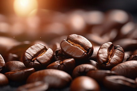 Close up of roasted coffee beans with a warm backlight backgroun, a Photo by Dvoevnore photos