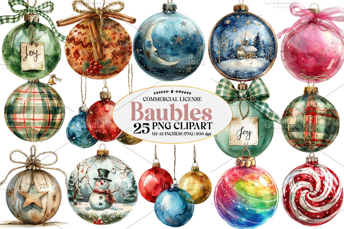 Christmas Baubles Clipart, an Illustration by Watercolor design (Photo 1 of 4)