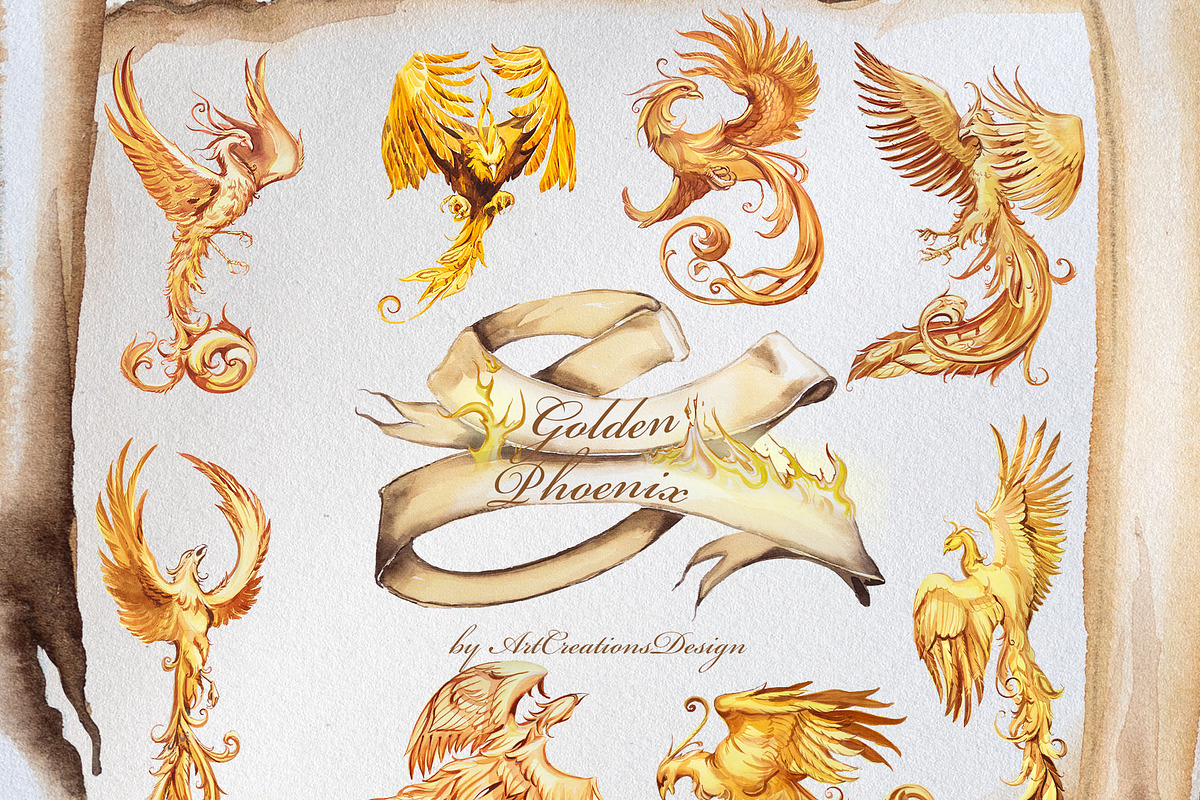 Watercolor Golden Phoenix Clipart, an Animal Illustration by ArtCreationsDesign (Photo 2 of 10)