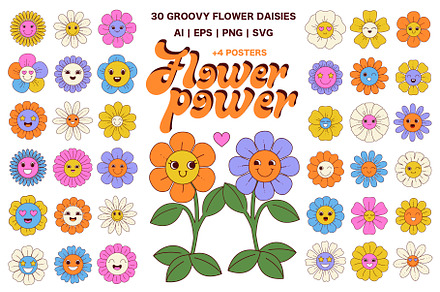 Groovy flowers with cartoon face