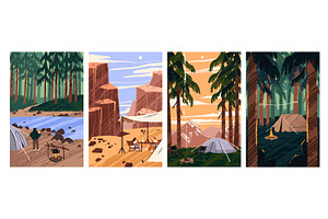 Nature landscapes cards with camps, a Seasonal Illustration by PaperTrident