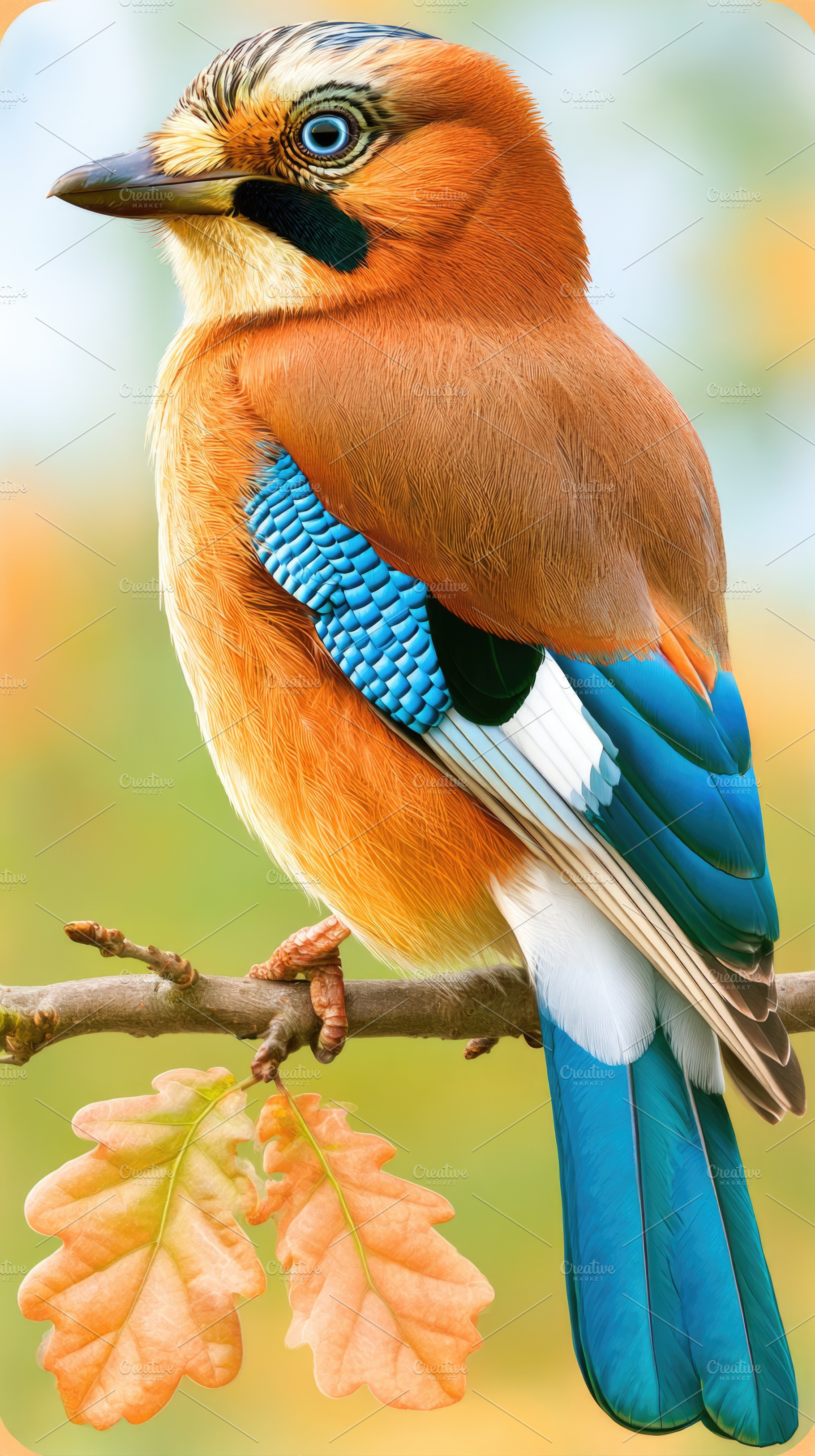 Eurasian jay perched on oak branch colorful wildlife illustratio, an Animal Photo by José Manuel Gelpi