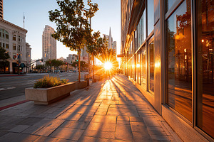 Sunset casts long shadows along city sidewalk near modern buildings in urban la, a Photo by AlyaAnd