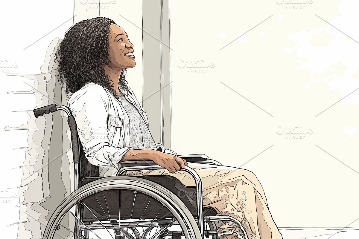 Smiling woman in wheelchair enjoying moment outdoors in natural lighting, an Illustration by AS photostudio