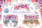Watercolor Cats and Flowers, an Illustration by TanataDesign (Thumbnail 1 of 13)