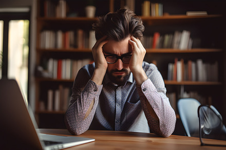 Fatigue of freelance work. Man is bored and sleepy. Busy office employee, a Business Photo by Lenor4ik