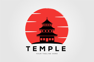 sunset silhouette pagoda temple logo, a Graphic by Rizkaarishandy_shop
