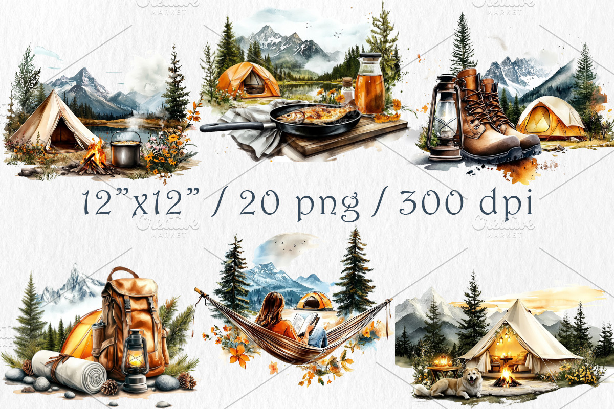Watercolor Camping Clipart, a Sport Illustration by GalaDesign03 (Photo 2 of 7)
