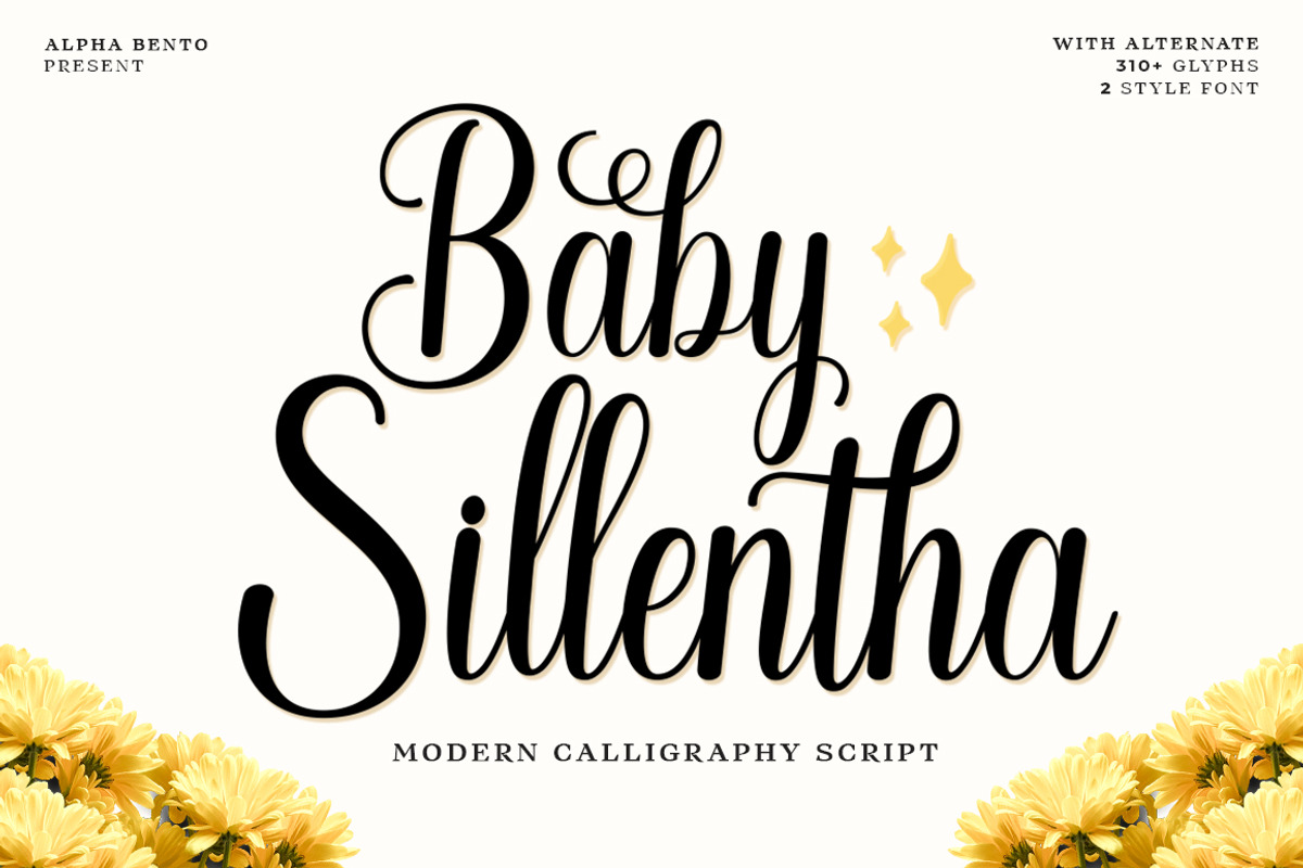 Baby Sillentha Script, a Script Font by Alpha Bento (Photo 1 of 11)