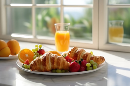 Delicious croissants with fresh berries and glass of juice on wooden table. Gen, a Food & Drink Photo by AlyaAnd