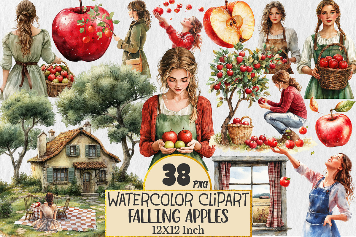 Falling Apples Watercolor Clipart, an Illustration by Rose Art (Photo 1 of 5)