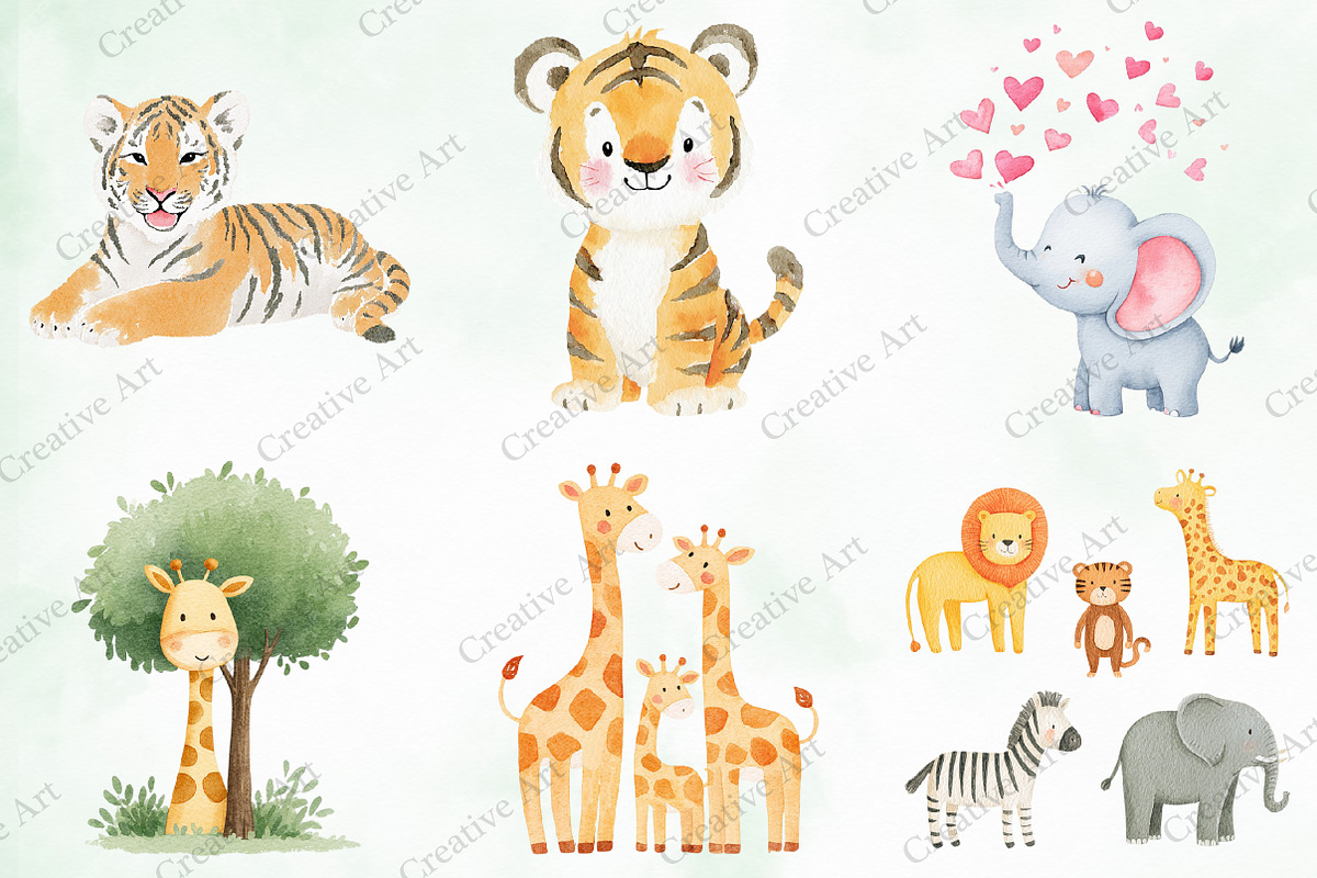 Safari Animals Watercolor Clipart, an Illustration by Creative Art (Photo 6 of 10)
