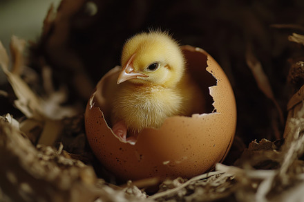 Newborn chick hatching from egg in a, a Photo by Tanuart