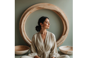Woman in beige robe meditating in, an Illustration by tilialucida
