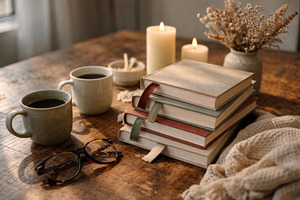 Cozy reading club setting with books, a Photo by Dvoevnore photos