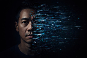 Digital deepfake depicting man mergi, a Photo by Dvoevnore photos