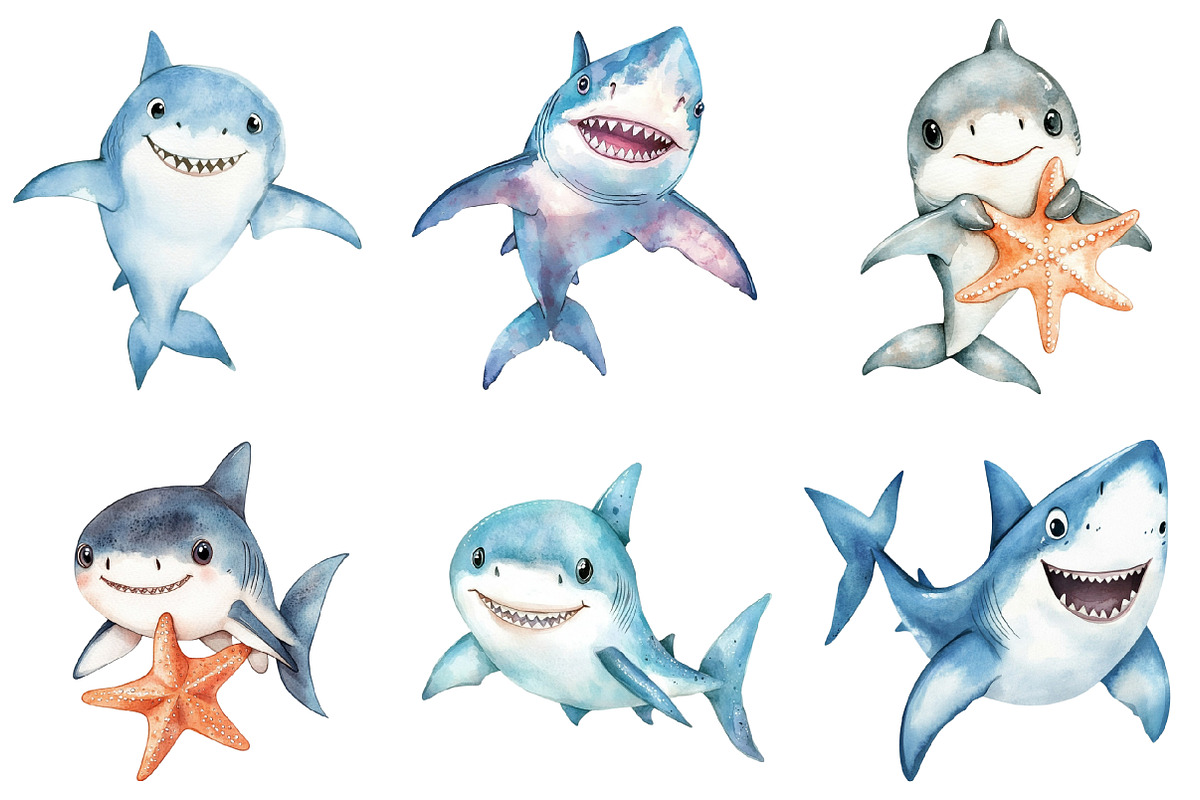 Watercolor Sharks Clipart PNG, an Illustration by SinaCreation (Photo 3 of 5)
