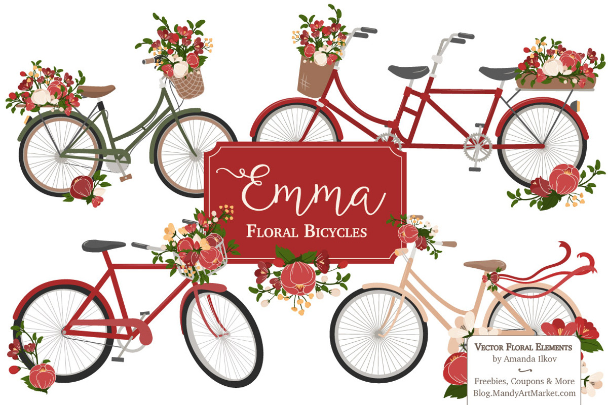 Floral Christmas Bicycles Clipart, an Illustration by Amanda Ilkov (Photo 1 of 5)