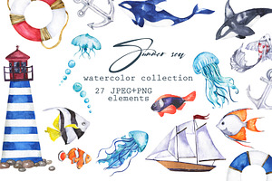 Summer sea watercolor set