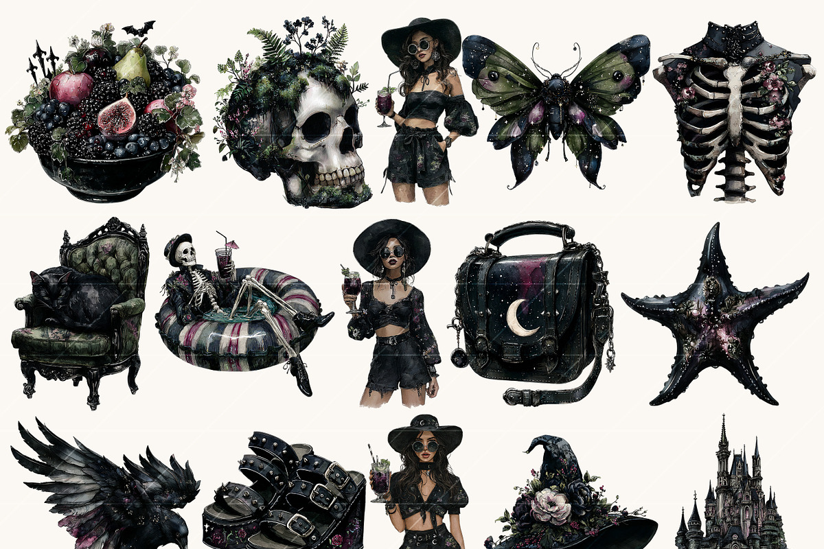 Watercolor Gothic Summer Clipart, a Seasonal Illustration by BusyDaydesign (Photo 3 of 9)