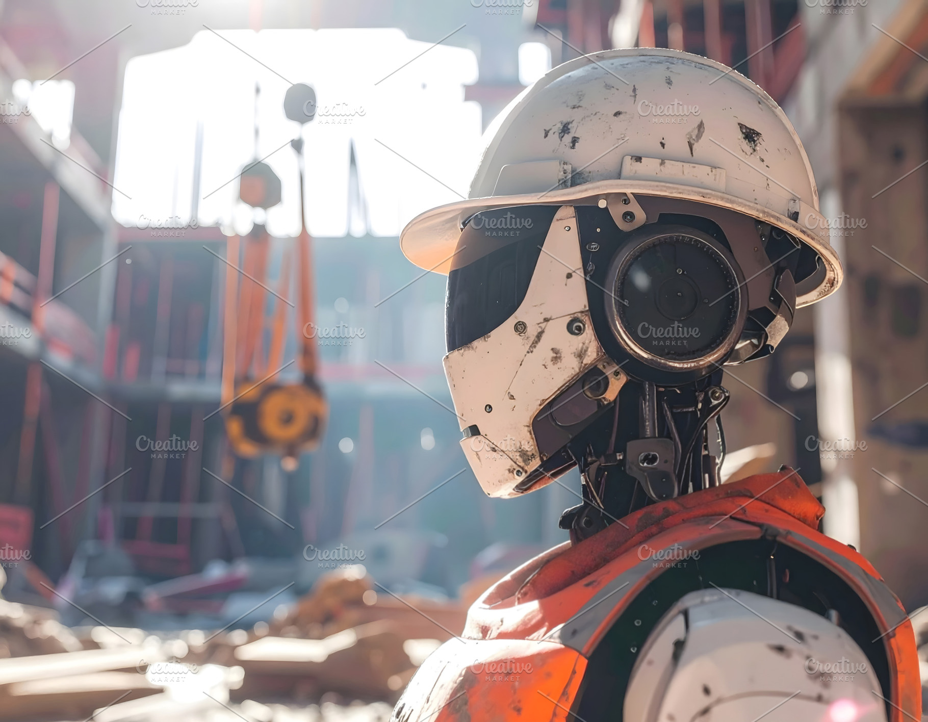 Robot builder wearing protective helmet in structural framework, a Technology Photo by GoodGoods