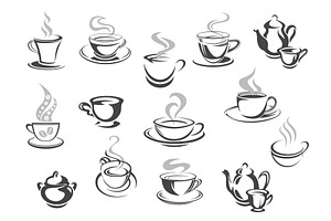 Cafe Cafeteria Coffee Mugs, Tea Cups Vector Icons