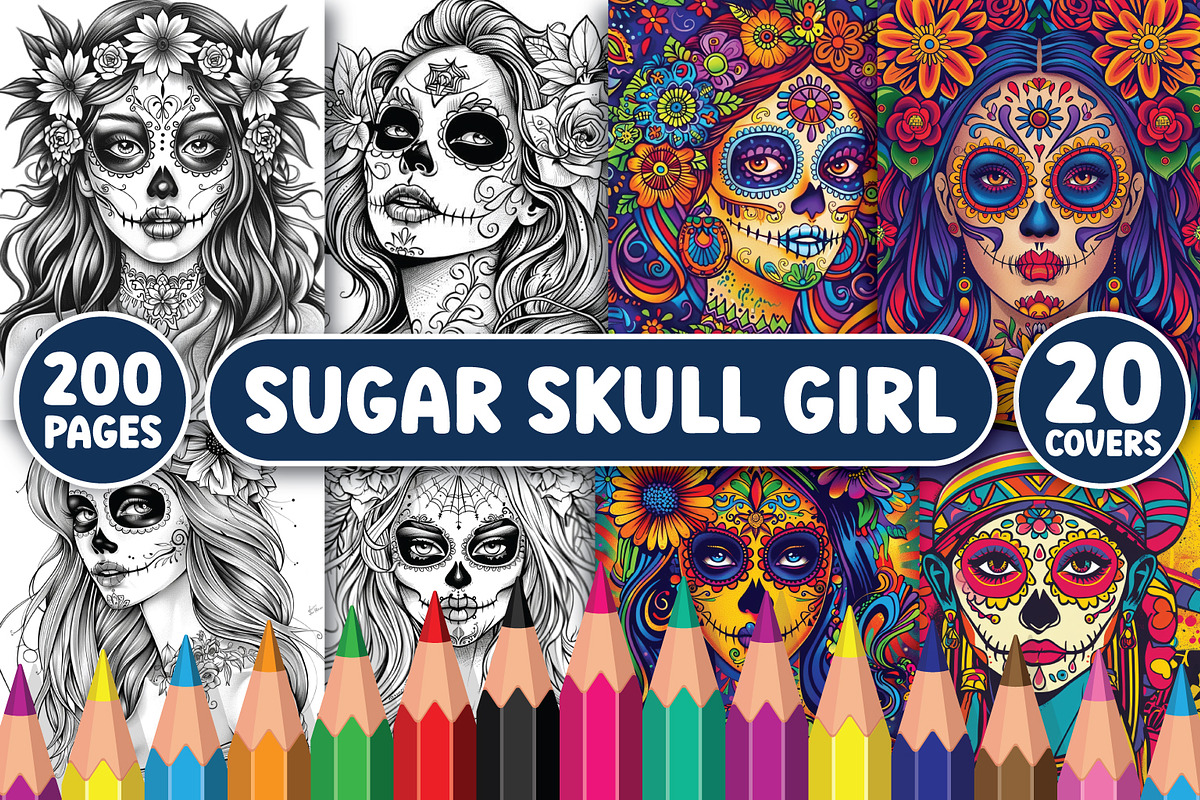 200 Sugar Skull Girl Coloring Pages, an Illustration by BrightMart