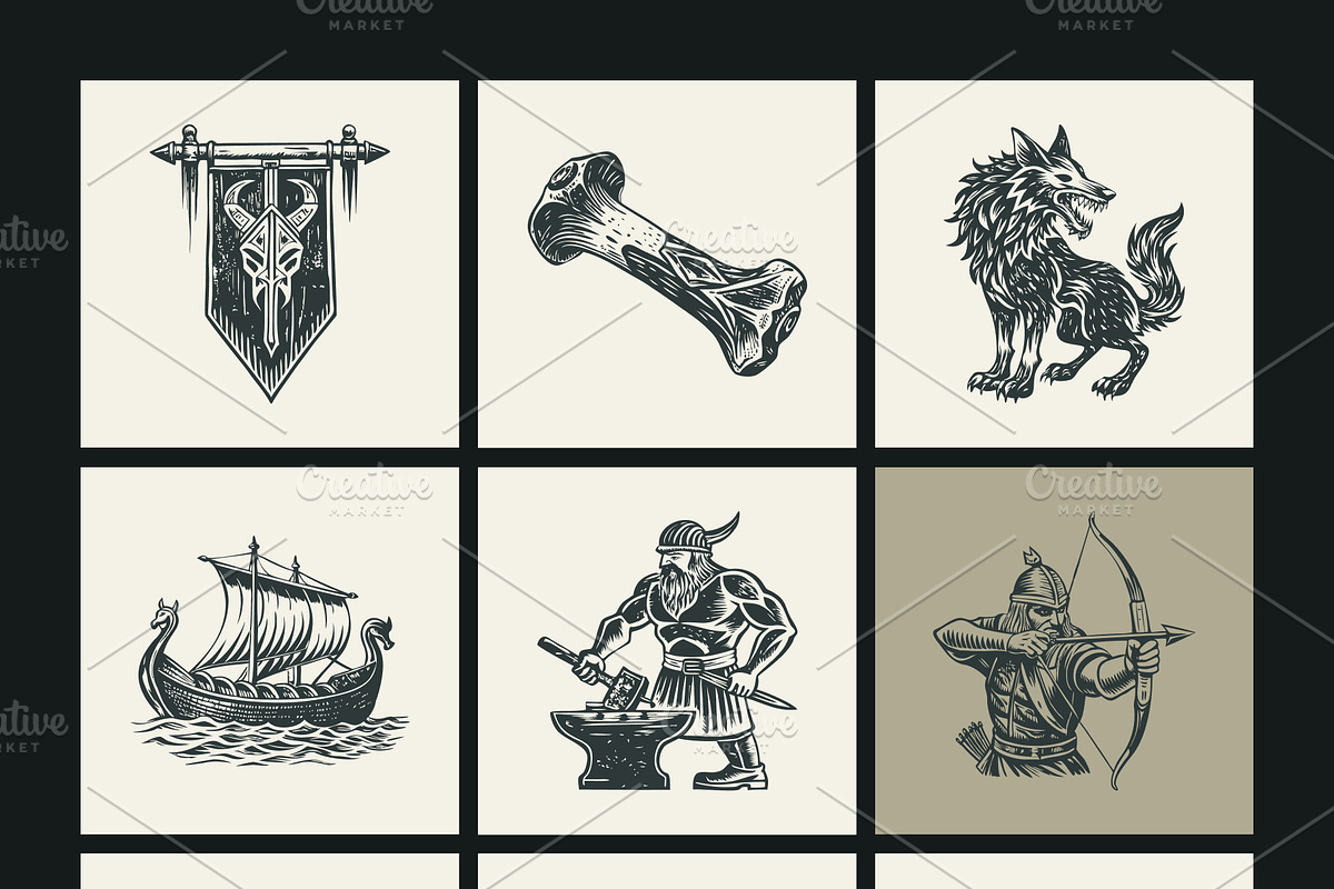 Vintage Viking Art Icon Set, a Person Illustration by Creative Stall (Photo 9 of 9)