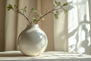 Elegant white vase on sunlit table, a Photo by Pavel_design