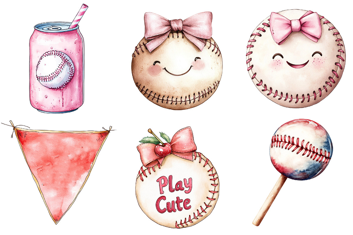 Retro Girly Baseball Clipart Sublima, an Illustration by Watercolor design (Photo 3 of 4)