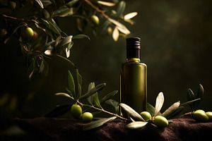 Olive oil bottle standing on a rustic cloth with fresh green oli, a Photo by Studio ANNA
