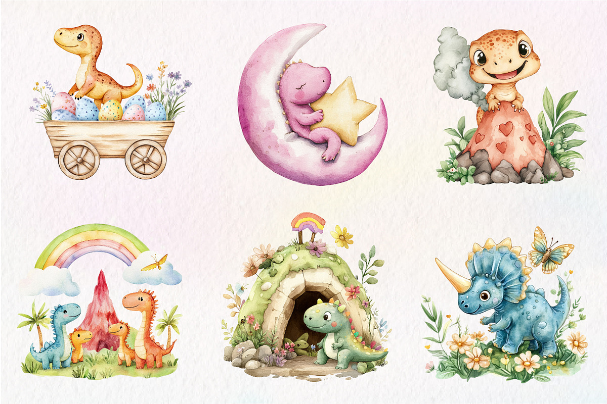 Watercolor Prehistoric Cute Dinosaur, an Illustration by CreationArt (Photo 2 of 9)