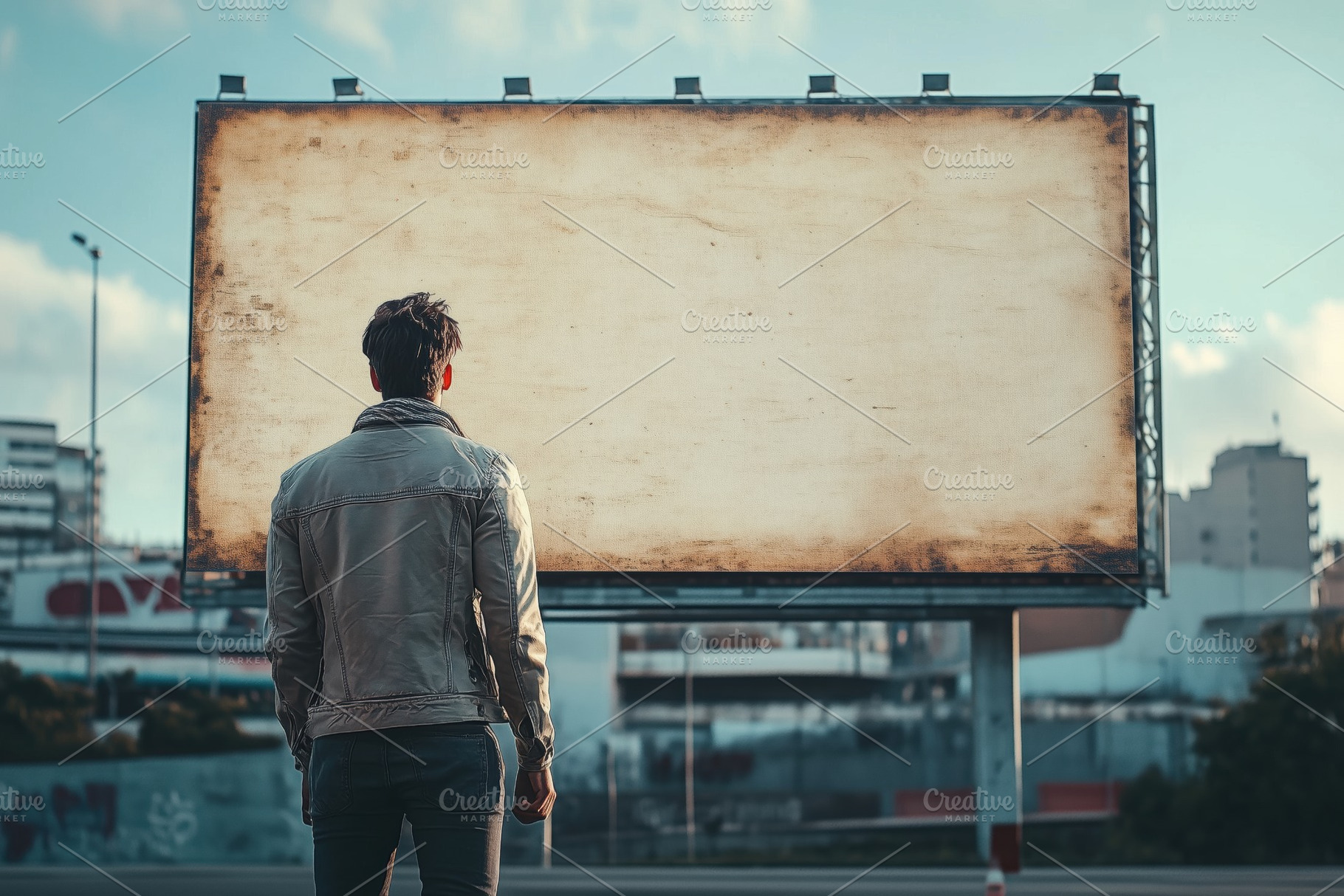 A man stands in front of a large blank billboard, gazing at it. The scene is se, an Arts & Entertainment Photo by Textures & Backgrounds
